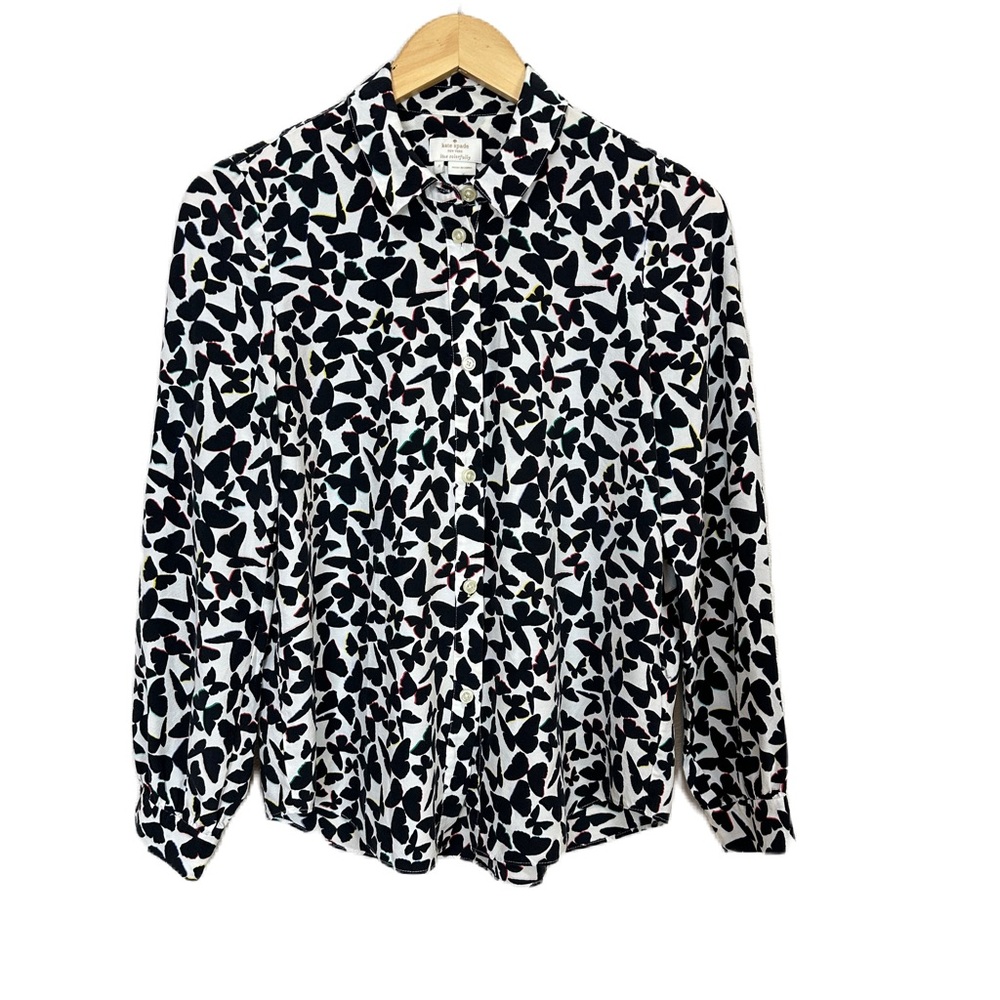 Kate Spade Silk Blend Butterfly Print Collared Button Down Shirt Top Womens Sz 4
